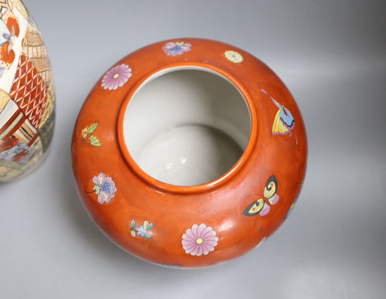 Japanese satsuma vase, 39cm high, together with a red Chinese vase and 19th century Chinese famille rose teapot